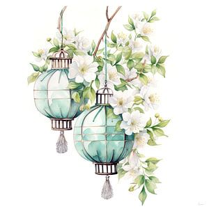 Deux lanternes avec des fleurs de printemps, style Japandi