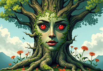 Baum mit weiblichem Gesicht und orangefarbenen Blumen von Markus Gann