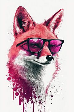 Cool renard avec lunettes de soleil roses et peinture à l'eau sur Felix Brönnimann