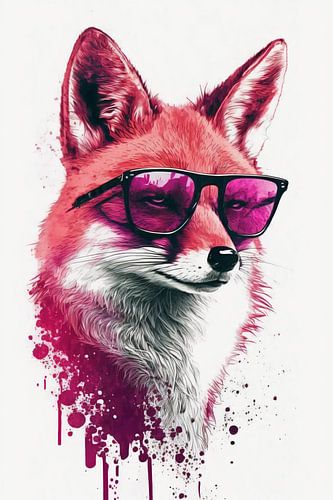 Coole vos met roze zonnebril en waterverf