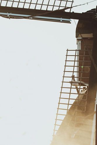 Sunlight breaks through the morning mist behind the windmill in the frozen polder landscape