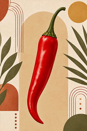Boho-Modern-Kunst mit Chilischoten – Botanisches, abstraktes, geometrisches Design