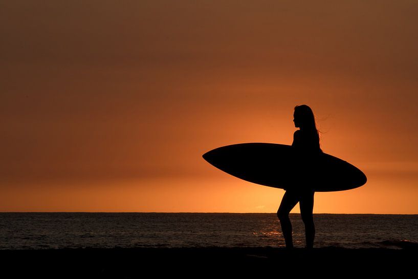 Surfing girl in Hawaii van Jim De Sitter