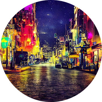 Grote stadsstraat bij nacht met gekleurde lichten van Frank Heinz