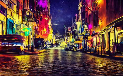 Rue nocturne d'une grande ville avec des lumières colorées