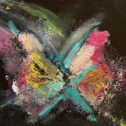 Abstrakt modern schwarz bunt „Schmetterlingsmoment“ pink türkis gelb von Susanna Schorr