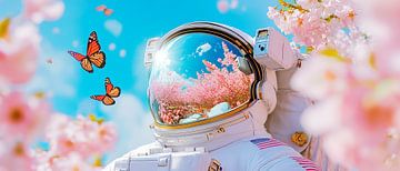 Astronaut omringd door kersenbloesems en vlinders van Poster Art Shop