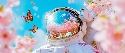 Astronaut omringd door kersenbloesems en vlinders