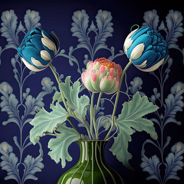 Vaas met blauwe tulpen van Vlindertuin Art