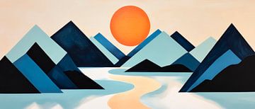 Mountain landscape with orange-coloured sun by Poster Art Shop