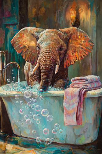 Olifant in bad met zeepbellen