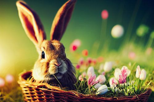 Paashaas met eieren en mand, kunstillustratie