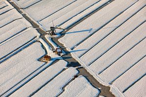 Aerial photo of windmill in polder in winter near Schoonhoven