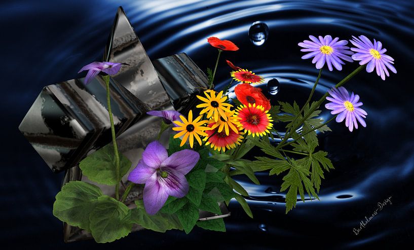 3d-illustratie, Sillleben bloemen aan het meer. van Norbert Barthelmess