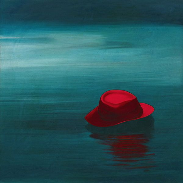 De Enigmatische Rode Hoed op een sereen meer bij zonsopgang van Jan Keteleer