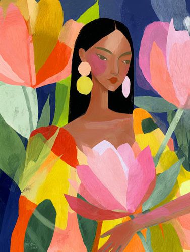 Frau inmitten eines bunten Blumenmeeres