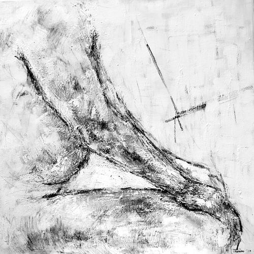 Painting of a seated male model in black and white.