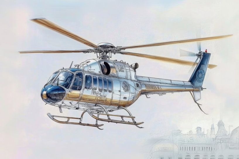 Gedetailleerde tekening van een helikopter - "The Art of Flight" van Peter Pen tekeningen en schilderijen