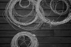 Stacheldraht an einer schwarzen Holzwand.