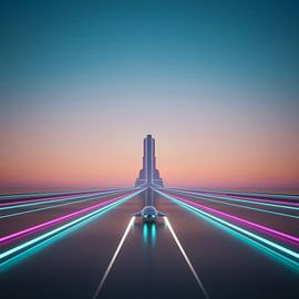 Futuristisches Auto auf beleuchtetem Weg zum Gebäude