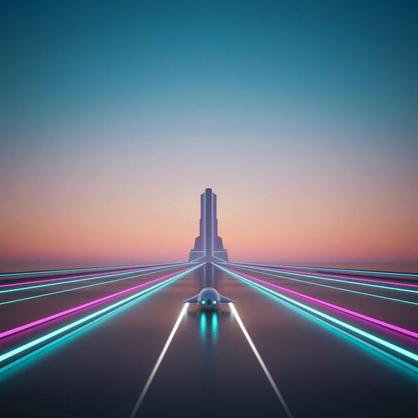 Voiture futuriste sur une route illuminée menant à un bâtiment par Markus Gann