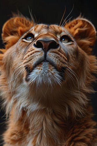 Majestueuze leeuw met intense blik omhoog