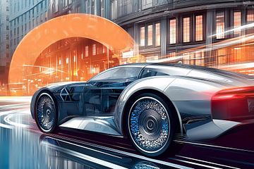 A modern car on a city street with trees of a boulevard.  by Ariadna de Raadt-Goldberg