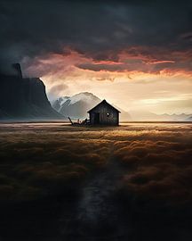 Lonely hut in the sunset