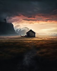 Einsame Hütte im Sonnenuntergang