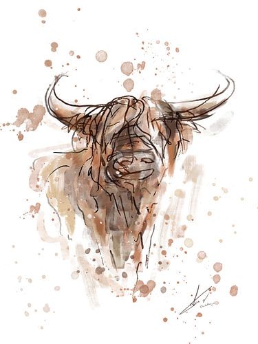 Abstract en eigentijds kunstwerk van een schotse hooglander. Waterverf en inkt op wit canvas