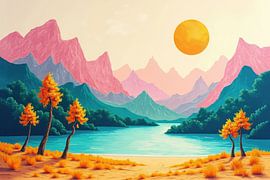Gestileerd landschap met pastelkleurige bergen, turquoise meer en Ye van Markus Gann