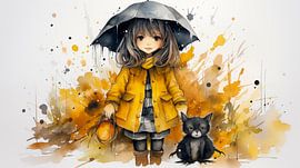 20h bemaltes Hexen-Aquarell kleines Mädchen im gelben Regenmantel, Aquarell-Kunstdesign