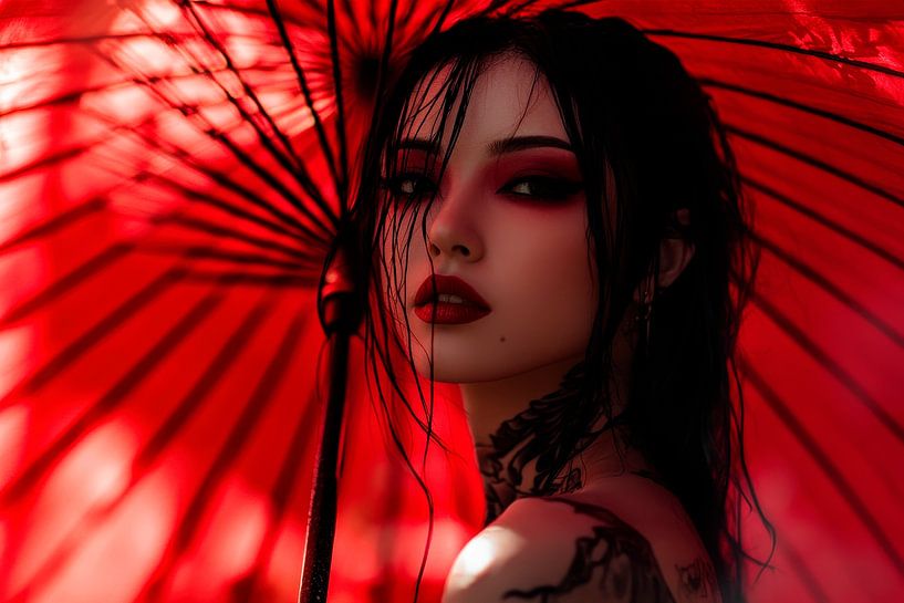 Woman with a red umbrella - Stylish and mystical by Poster Art Shop