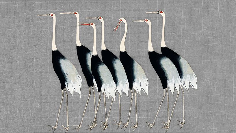 Japan cranes on grey texture by Mad Dog Art