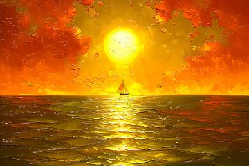 Prachtige zonsondergang met zeilboot op zee van De Muurdecoratie
