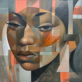 Cubist portrait of a woman in warm earthy tones by Poster Art Shop