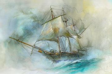 Schilderij van een zeilschip in een storm, klassiek, vintage,  blauw, groen, geel en bruin van Peter Pen tekeningen en schilderijen