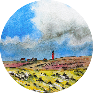 Eierland Vuurtoren en de Duinen van Texel | Handgemaakte Aquarel Schilderij van WatercolorWall
