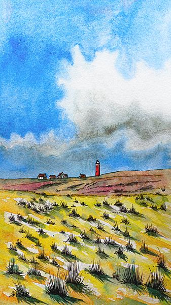 Eierland Vuurtoren en de Duinen van Texel | Handgemaakte Aquarel Schilderij van WatercolorWall