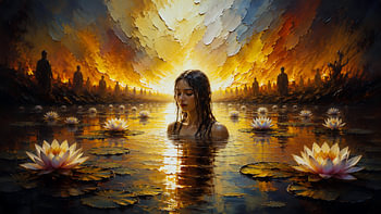 Mystieke vrouw in de lotusvijver bij zonsondergang – Modern AI-wandschilderij
