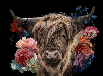 Scottish Highlander in the flowers by John van den Heuvel
