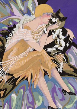 Art Deco boho folk - woman with dog