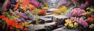 Japan-Steingarten mit Fluss und bunten Blumen im Frühling, Kunst Design von Animaflora PicsStock