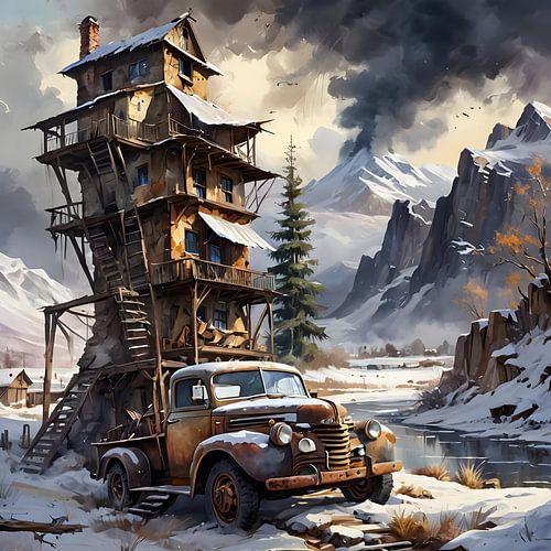 Tower-like building in the Wild West with pick-up truck