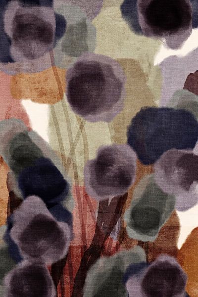 Abstract botanical art in purple, mocha mousse and olive green. by Dina Dankers