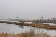 Windmolens in de mist langs de kinderdijk. van Brian Morgan thumbnail