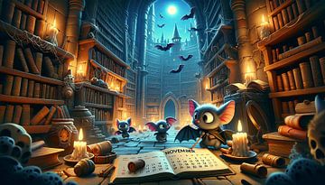 Vleermuizen leren magie in de magische bibliotheek van artefacti