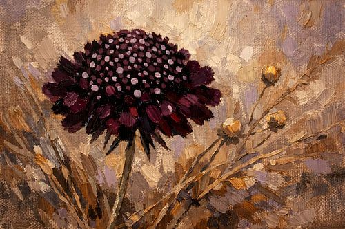 Moody Scabiosa Flower Impasto Oil Painting — Rustic Floral Wall Decor