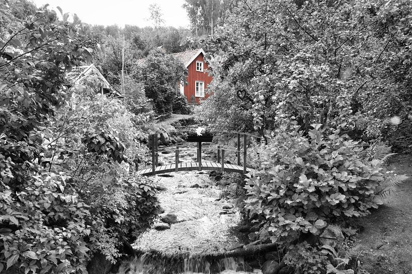 Fruit trees by a stream with a small bridge in front of a red wooden house in Sweden. by Martin Köbsch