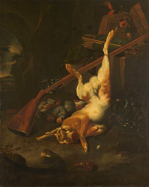 Jachtbuit met dode haas, Melchior d'Hondecoeter van Meesterlijcke Meesters